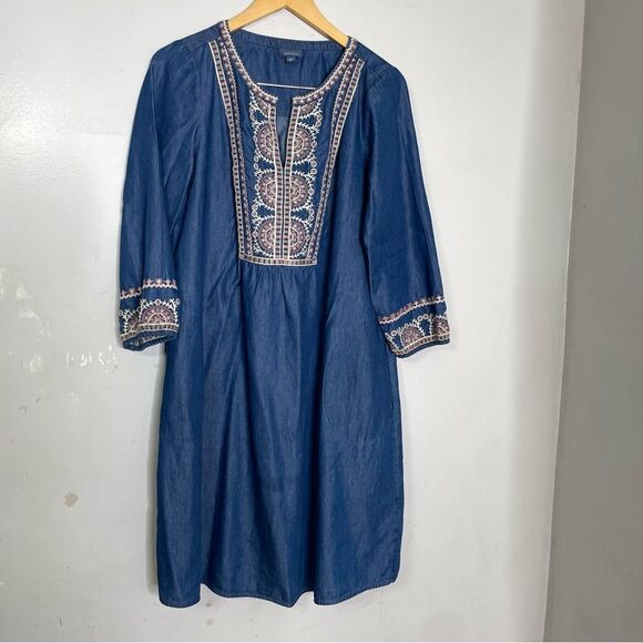 J Jill Denim Chambray Boho Dress Embroidered Peasant Pockets Blue Small Tall - Picture 1 of 7
